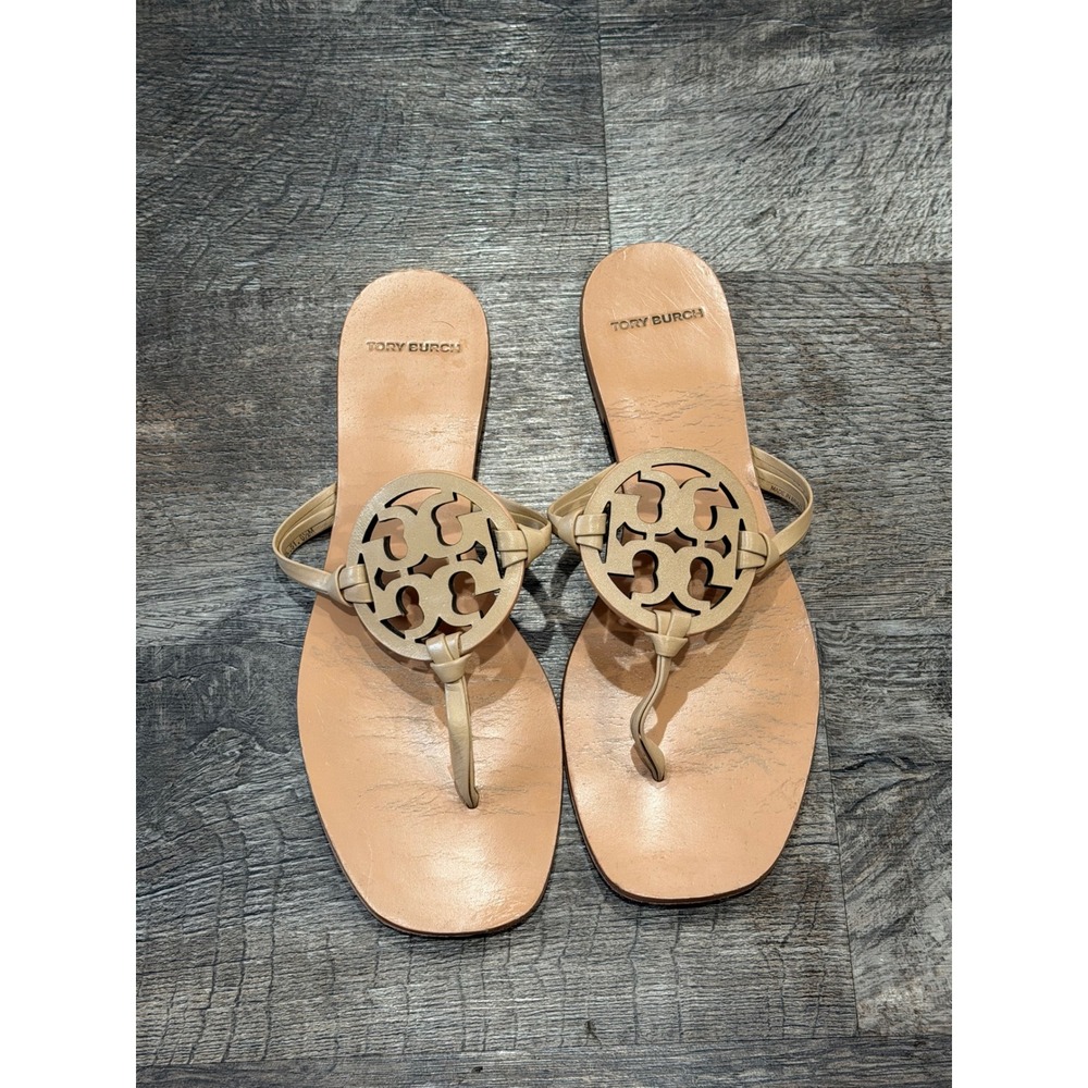 Tory Burch Miller Leather Logo Thong Sandals Sand Beige Womens 8.5M
